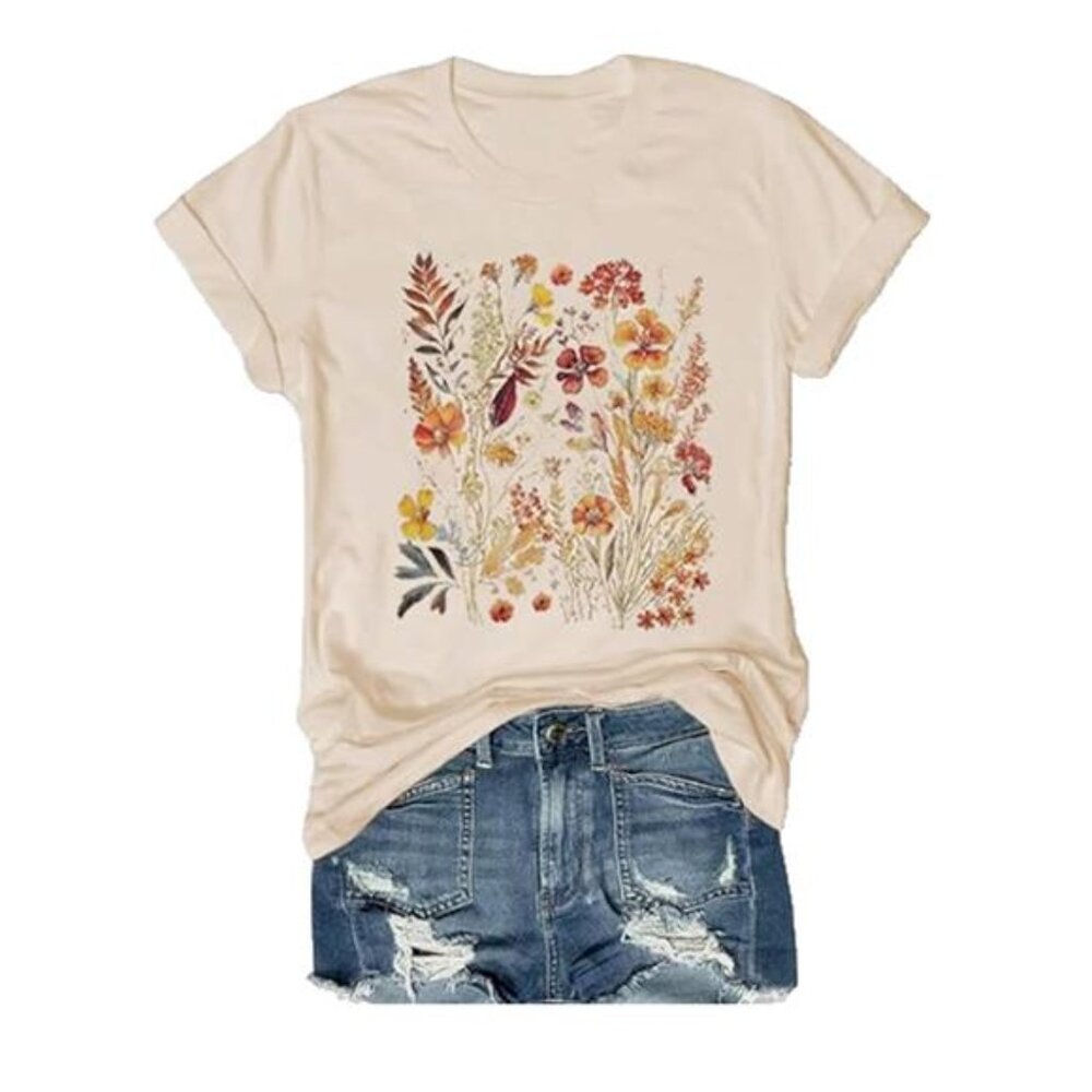Women's Boho Floral Vintage Wildflower Graphic Short Sleeve T-Shirt Beige M